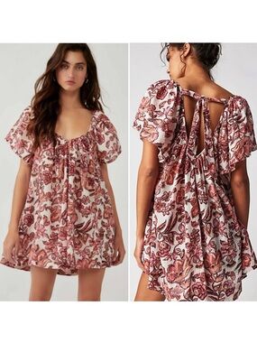 NWT Free People Floral Puff Sleeve Babydoll mini dress XS Kauai getaway tunic